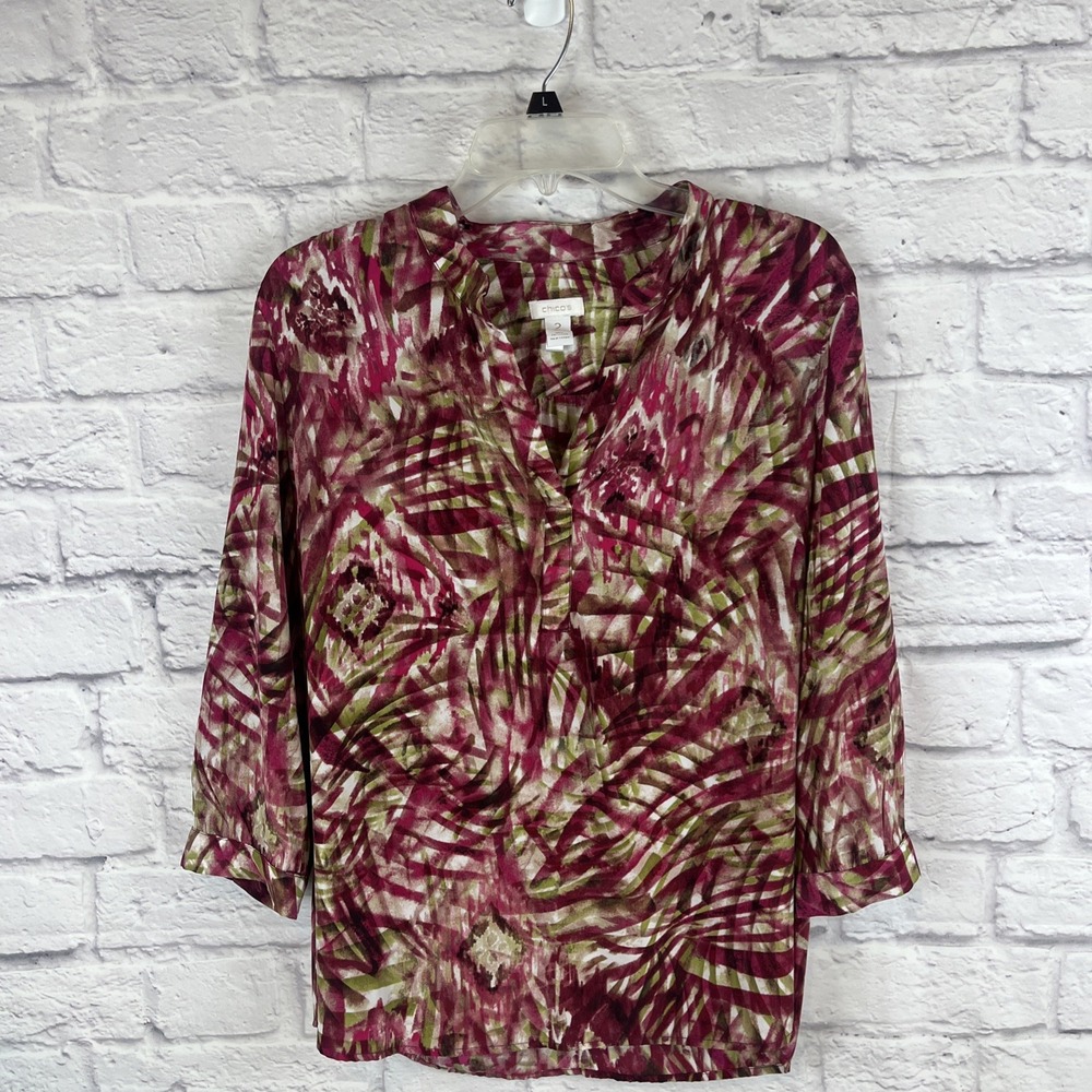 Chico's Boho Artsy Feminine Pink Green 3/4 Sleeve Lightweight Blouse Large (2)